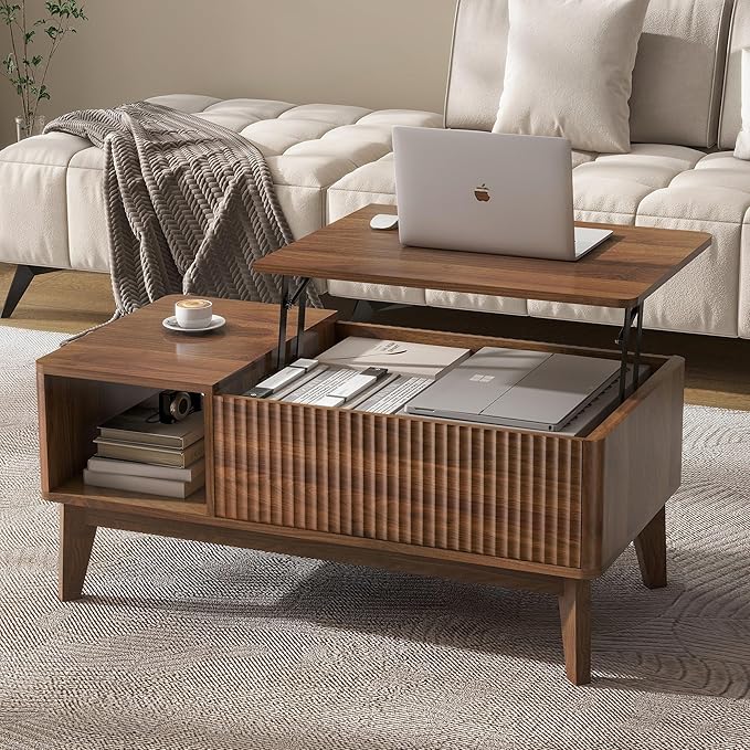 LYNCOHOME Fluted Lift Top Coffee Table with Hidden Compartment, Modern Center Table for Living Room, Home Office（Walnut）
