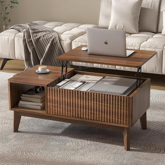 LYNCOHOME Fluted Lift Top Coffee Table with Hidden Compartment, Modern Center Table for Living Room, Home Office（Walnut）