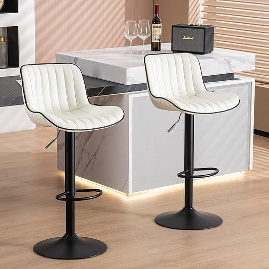YOUNUOKE Bar Stools Set of 2, Adjustable Swivel Counter Height Chairs with Back, White PU Leather Upholstered Barstools for Kitchen Island Home Bar