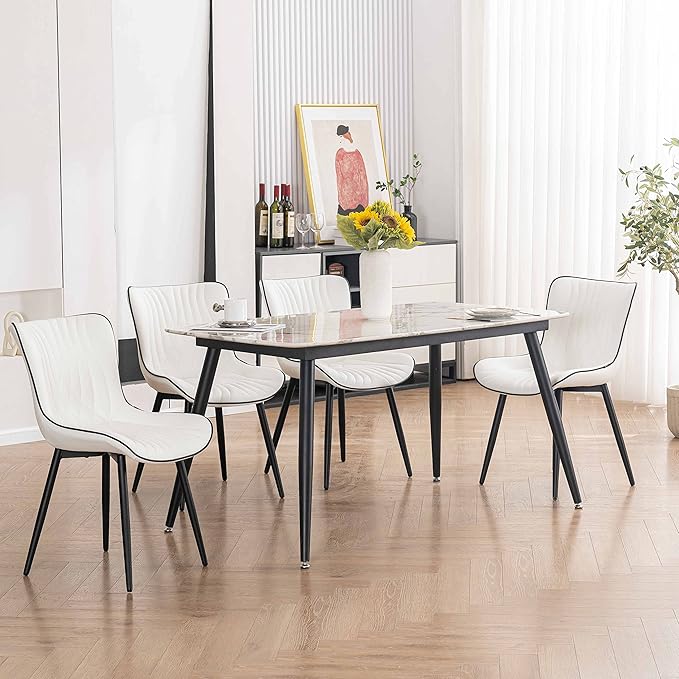 YOUTASTE Dining Chairs Set of 2, Mid Century Modern Upholstered Faux Leather Kitchen Room Chairs, with Black Metal Legs, Armless Accent Chair for Living Room, Bedroom, Vanity, White