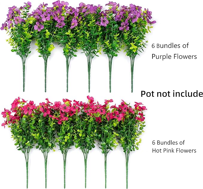 Artificial Flowers for Outdoor Indoor Garden Home Decoration, Faux Flower Daisy with Eucalyptus Leaves Fake Plants Greenery Boxwood Porch Patio, 12 Bundles (Purple Pink)