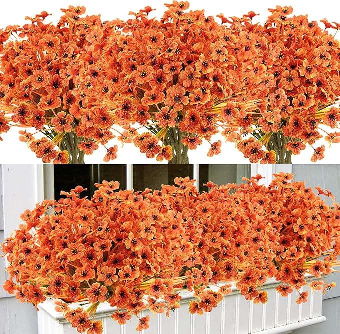 Krissing 48 Bundles Artificial Fall Flowers for Outdoors, UV Resistant Fake Outdoor Silk Flowers Plants Fall Faux Autumn Flowers for Garden Porch Window Box Fall Outside Decor