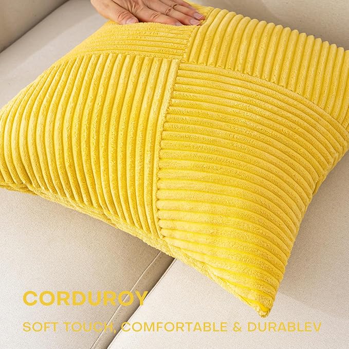 Decorative Throw Pillow Covers 16x16 Inch Set of 2 for Boho Living Room Farmhouse Home Decor, Spring Pillow Covers for Couch Bed, Soft Corduroy Striped Patchwork Cushion Cases, Yellow