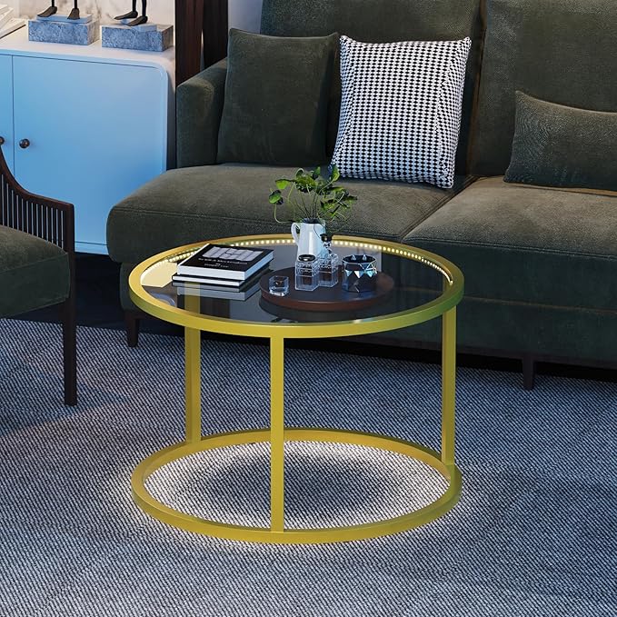 Glass Coffee Table Modern Center Table,Minimalist Round Coffee Tea Table with LED Lights,Simple Tea Cocktail Modern Center Tables for Home, Office, Bedroom,Gold