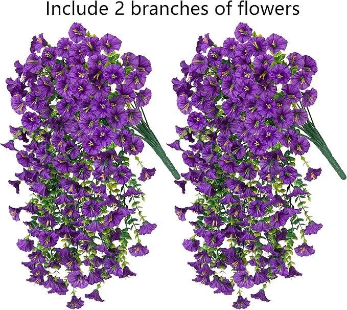 Artificial Faux Hanging Flowers Plants for Outdoor Decor,2 PCS Fake Silk Morning Glory with Eucalyptus UV Resistant Realistic Trailing Vine for Wall Home Porch Patio Balcony Yard Indoor Decor, Purple