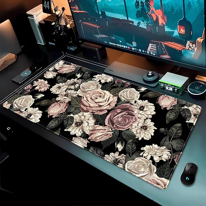 Retro Rose Floral Desk Mat Vintage Flower Plant Mouse Pad XXL Large Gaming Mousepad Cute Desk Pad Computer Mat 31.5x15.75 in, Cool Desktop Accessories for Women Office Desk Decor Keyboard Pad Mat