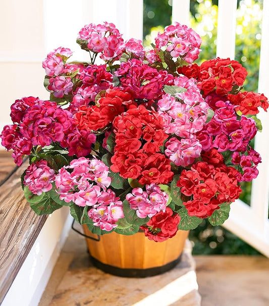 Artificial Geraniums Fake Flowers for Outdoors Decoration, 6 Bundles Silk Geraniums Flower UV Resistant Look Real Faux Plants for Front Door Garden Porch Planter Patio Balcony Yard Indoor Home, Mix