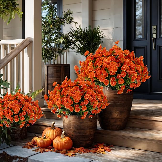 Artificial Fall Flowers Outdoor Fake Mums - 16 Bundles Fake Plants UV Resistant No Fade Faux Plastic Greenery Garden Morning Glory Home Decor (1, Orange)
