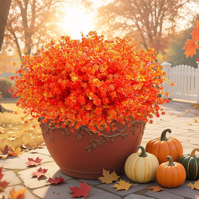 SITUMEIZI Artificial Mums for Outdoor Fall Flowers,Faux Flower Eucalyptus Leaves Fake Plants Greenery Outside Plastic Proch Patio Front Fall Halloween Thanksgiving Decorations(8Pcs,Orange)