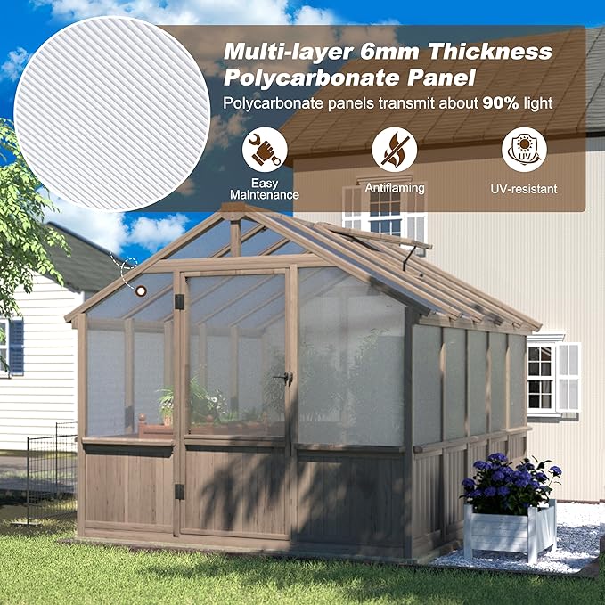 BlueWish 8x10 FT Greenhouse Kit, Wood Greenhouses with 6MM Polycarbonate Panel, Green House with Adjustable Vent & Lockable Door, Walk-in Greenhouse for Outside, Garden, Backyard