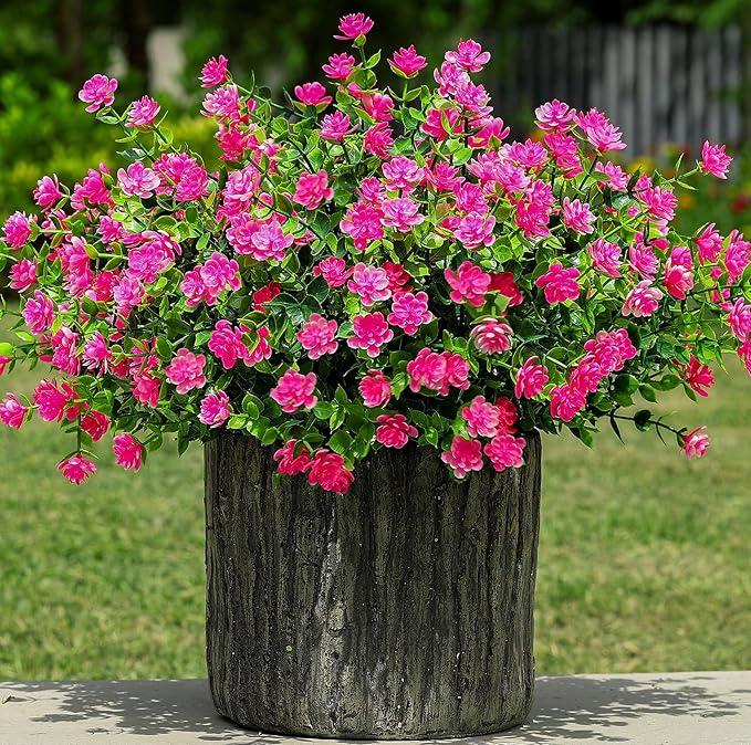 Ivydale Artificial Flowers Plants for Spring Summer Outdoors Decoration, 12 Bundles Fake Plastic UV Resistant Pink Flowers Faux Greenery Bushes Shrubs for Home Porch Patio Garden (Pink)
