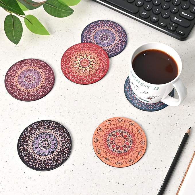 GKD Wooden Coasters for Drinks, MDF Mandala Coasters Set of 6 with Holder, 3.5 inches Eco-Friendly Absorbent Coaster for Coffee Table, Bar, Drinking Glasses, Tabletop Protection