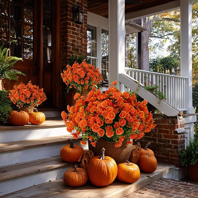Artificial Fall Flowers Outdoor Fake Mums - 16 Bundles Fake Plants UV Resistant No Fade Faux Plastic Greenery Garden Morning Glory Home Decor (1, Orange)