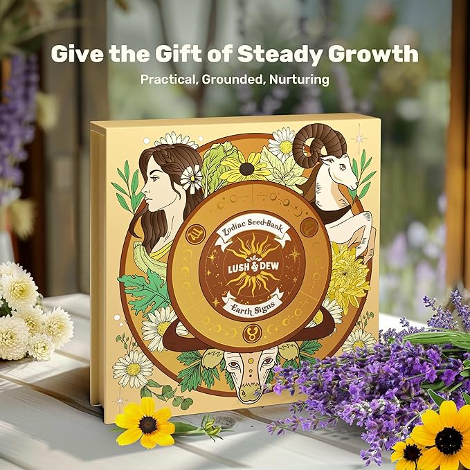 LUSH&DEW Zodiac Garden Seed Bank, 12 Varieties Non-GMO USA-Sourced Heirloom Herb Flower Seeds with Moon Calendar, Gardening Gift for Women Men, Witchcraft Supplies, Earth Sign (Taurus Virgo Capricorn)