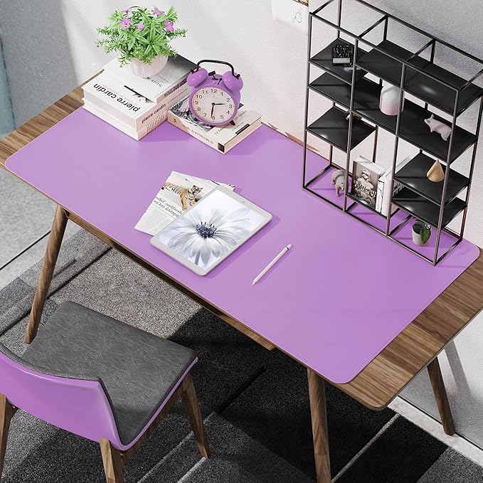 Leather Desk pad Protector- 47.2" x 23" Large Desk mat with Natural Cork & PU Leather,Mouse pad,Non-Slip Office Desk Mat,Waterproof Desk Writing Pad for Office and Home(Purple)