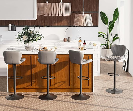 Bar Stools Set of 4, Modern Swivel Bar Stools with Shell Shaped Backrest, Adjustable Counter Height Bar Chairs for Kitchen, Island, Bar, Dining Room, Grey