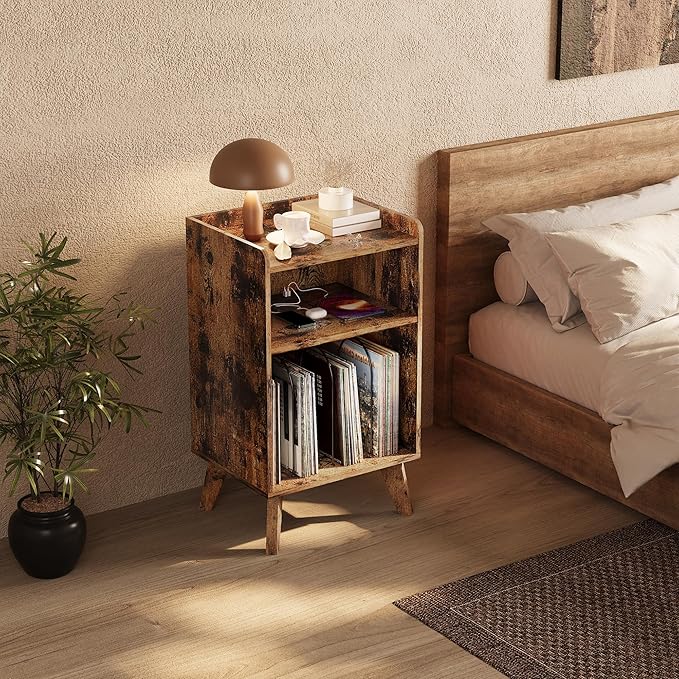 Record Player Stand, Turntable Stand with Record Storage and Charging Station & USB Ports, Record Player Table with Metal Divider, Record Stand Up to 160 Albums for Living Room, Bedroom Brown