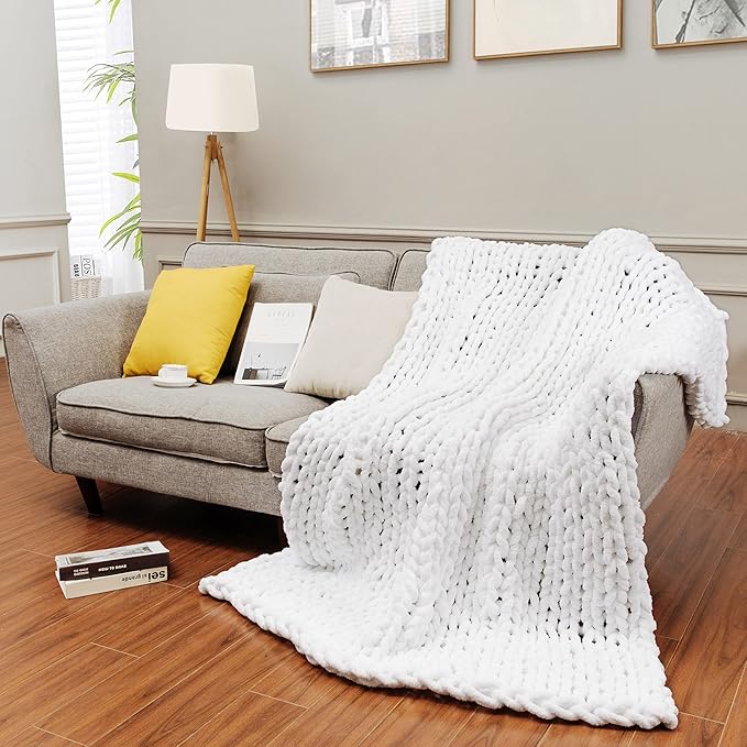 clootess Chunky Knit Blanket Chenille Throw - Warm Soft Cozy for Sofa Bed Boho Home Decor (White 40x60 in)