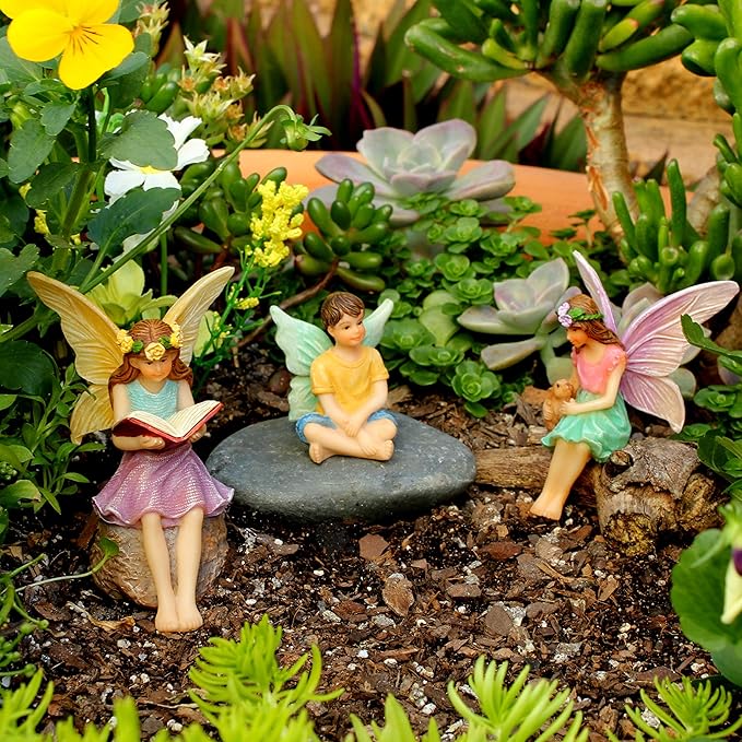 PRETMANNS Fairy House Kit - Fairy Garden Accessories for Outdoor Miniature Village Decor, with Three Fairies - House, 9’ High & Door can Open Wide - 4 Piece Supplies