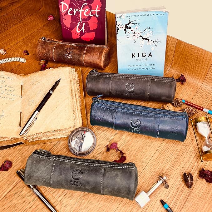 Rustic Town Leather Pencil Case - Full Grain Leather Zippered Pen Pouch - Stationery Bag Pen Holder for Work & Office