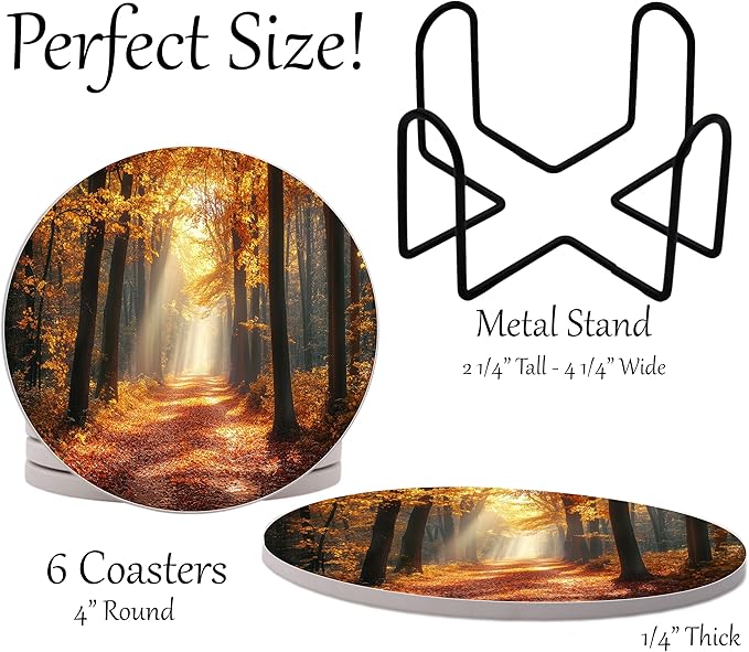 Fall Season Leaves Round Coasters Set of 6 - Abosrbent Ceramic Coasters with Metal Stand for Drinks, Coffee, Non-Slip Cork Back for Tabletop Protection, 4 Inches (Fall Path)