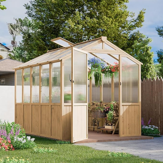 Restland 6x8 FT Wood Greenhouse for Outdoors Reinforced Frame Walk-in Greenhouses with Adjustable Roof Vents & Lockable Door Polycarbonate Green House for Outside