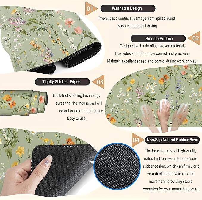Cute Green Large Gaming Mouse Pad XXL Mousepad Sage Desk Mat with Stitched Edges, Aesthetic Computer Laptop Keyboard and Mouse Mat, Flower Plant Non-Slip Rubber Base Desk Pad 31.5x15.75 in