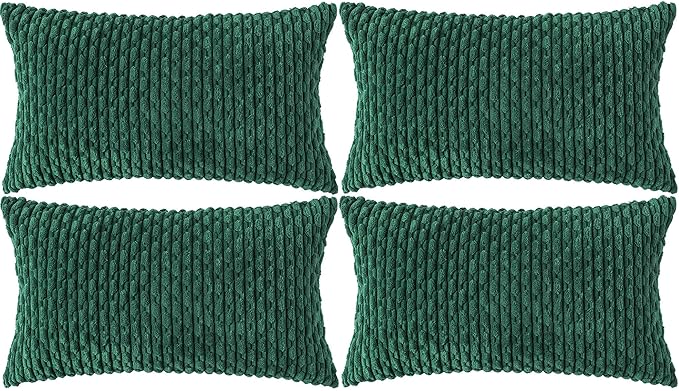 Set of 4 Dark Green Decorative Throw Pillow Covers 12x20 Inch Corduroy Pillow Covers for Bed Couch Sofa Living Room Soft Cushion Cases