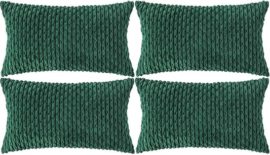Set of 4 Dark Green Decorative Throw Pillow Covers 12x20 Inch Corduroy Pillow Covers for Bed Couch Sofa Living Room Soft Cushion Cases