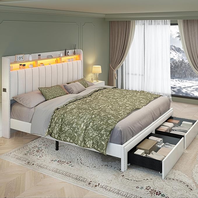 Torana King LED Bed Frame with 2 Drawers, Linen Upholstered Storage Wingback Headboard Beds, Channel Tufted Platform Bedframe with Rivet Decor, No Box Spring Needed, Natural