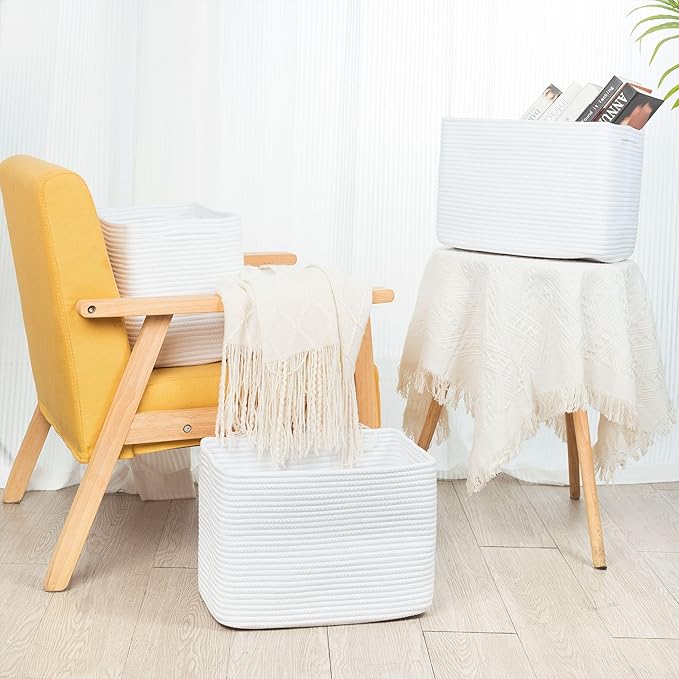 MINTWOOD Design 3-Pack Decorative Woven Storage Baskets for Shelves, Cube Bin Box for Organizing Books, Shoes, Dog Toys, Pantry Closet and Living Room Organizer, Full White