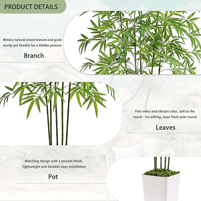 Artificial Bamboo Tree 6FT Tall Fake Plants Faux Bamboo Plant with White Tall Planter, Artificial Fake Trees Silk Plant with 5 Trunks and Lifelike Leaves for Home Office Indoor Outdoor Decor
