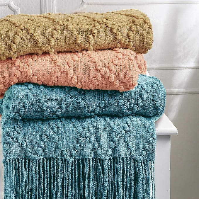 BOURINA Orange Throw Blanket 50 x70 Inches Jacquard Argyle Throw Textured Solid Soft Throws and Blankets for Sofa or Bed Knitted Decorative Blanket