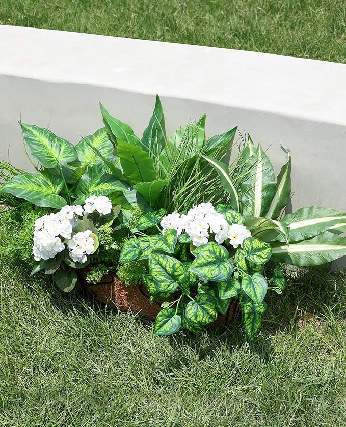 10 Bundles Artificial Greenery Plants & Flowers for Outdoor UV Resistant Fake Plants Plastic Leaves with Stems for Outside Garden Porch Decor (Mixed-White)