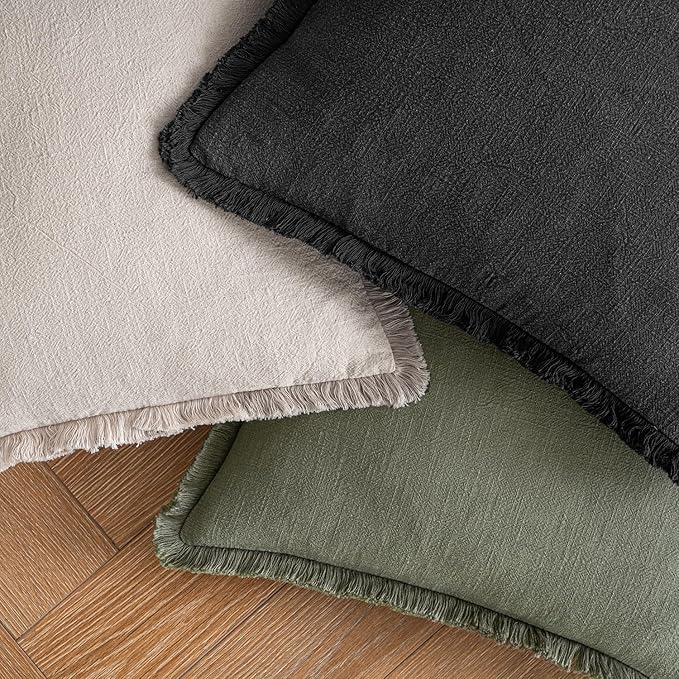 MIULEE Decorative Lumbar Throw Pillow Covers Neutral Linen Fringe Throw Pillows Set of 2 Black Boho Farmhouse Cushion Covers with Tassels for Couch Sofa Bed Living Room Spring Home Decor 12x20 Inch
