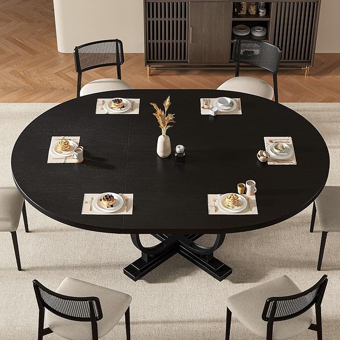 59" Round Extendable Dining Table for 4-6, Modern Oval Kitchen Table with Heavy Duty Curved Legs & Wood X-Based, MDF Board with Spring Buckle, Space Saving, Dining Kitchen Living Room, Black