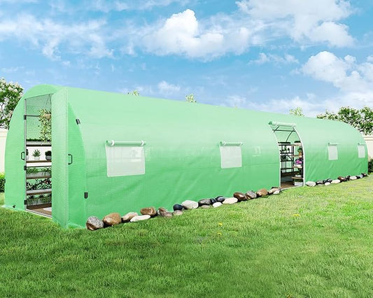 AMERLIFE 44x10x7.5 FT Tunnel Greenhouse for Outdoors, Extra Large Walk in Greenhouse with Galvanized Steel Frame, Premium PE Cover & Film Clips, Swing Door, Green