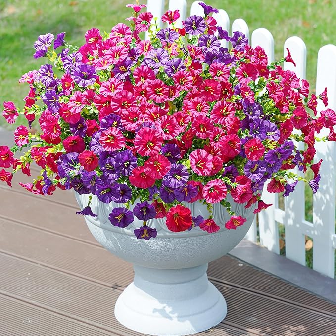 Artificial Flowers Fake Plants for Outdoors Decoration, 12 Bundles Silk Morning Glory with Eucalyptus Realistic UV Resistant Faux Flowers for Outside Planter Porch Yard Patio Garden Home Indoor, Mix