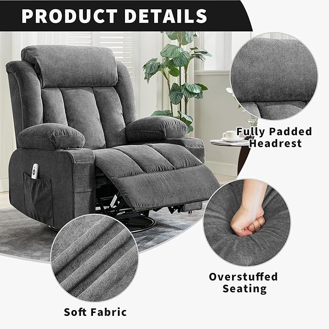 GarveeHome 360° Swivel Rocker Recliner Chair with Heat Massage, Widen Overstuffed Single Sofa Lounge Chair with 3 Positions 2 Side Pockets Cup Holders USB Ports Remote Control Gray