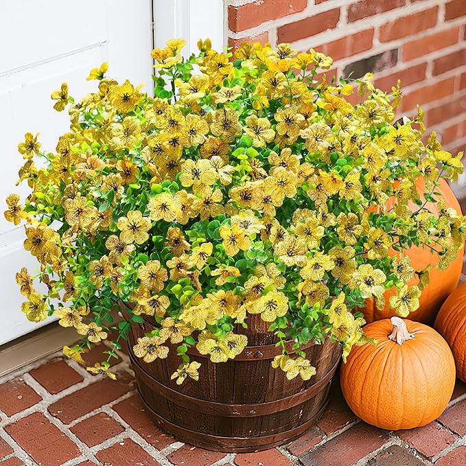 Artificial Fake Fall Yellow Mums Flowers Plants for Outdoor Outside, 12 Bundles Autumn Faux Silk Daisy UV Resistant Realistic for Porch Patio Home Window Box Yard Garden Planter