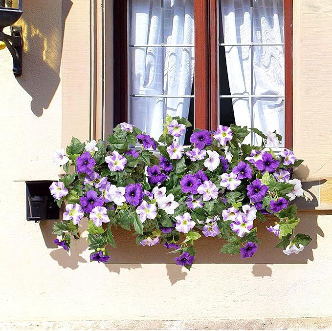 Artificial Hanging Fake Flowers with Basket Plants for Outdoor Decoration, Faux Silk Flower UV Resistant Morning Glory for Home Porch Patio Garden Balcony Yard Look Real (Purple White)