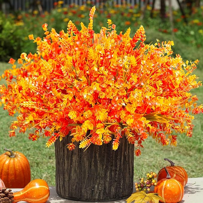Artificial Faux Fall Mums Flowers Plants for Outdoor Outside, 12 Bundles Fake Autumn Orange Daisy Plastic Shrubs Greenery Realistic UV Resistant for Front Door Porch Patio Balcony Garden Yard Decor