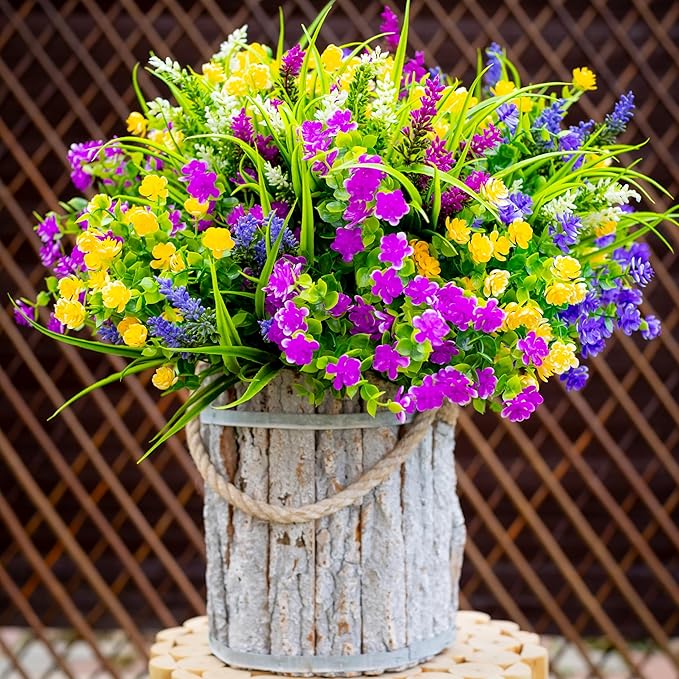 Artificial Flowers Outdoor Fake Plants - 12 Bundles UV Resistant Shrubs No Fade Faux Plastic Greenery Home Garden Porch Patio Decoration Indoor (1, Multi-12pcs)