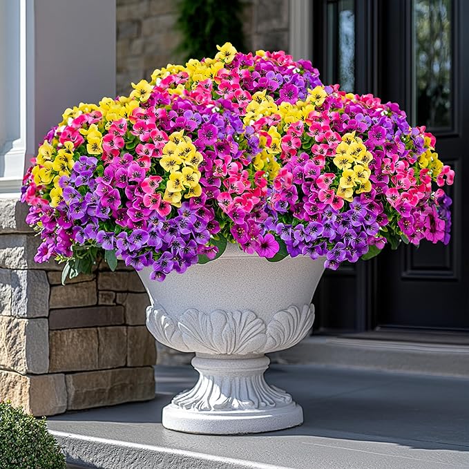 Artificial Flowers Outdoor Fake Plants - 16 Bundles UV Resistant No Fade Faux Shrubs Plastic Greenery Home Garden Porch Patio Decoration (1, Multi02-16pcs)