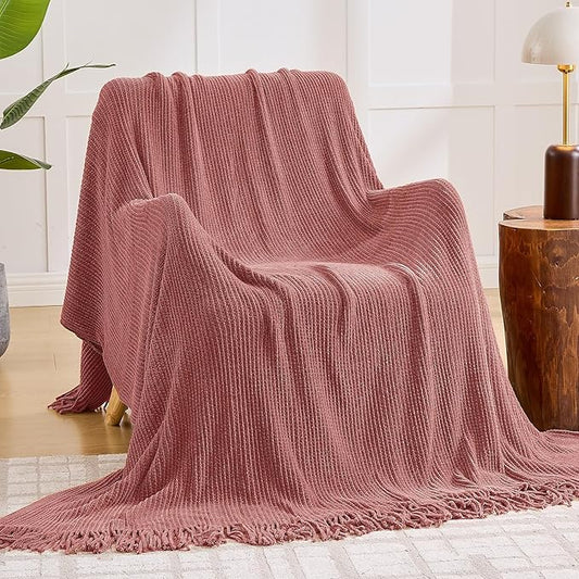 inhand Coral Pink Throw Blanket for Couch Bed,Chunky Chenille Woven Soft Warm Christmas Blankets Gifts for Women with Tassels, Cozy Boho Farmhouse Fall Winter Decor,60"x80",Extra Thick