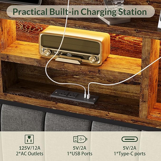 LARMACE King Bed Frame with 6 Storage Drawers, Bed Frame King Size with Linen Upholstered Headboard, Built in Charging Station and LED, No Noise, Metal Support, No Box Spring Needed,Vintage Brown