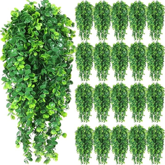 Hoteam 24 Pcs Artificial Hanging Plants 32 Inch Fake Ivy Vines with Fake Leaves Patio Artificial Plants Greenery for Living Room Indoor Outdoor Wall, No Basket (Eucalyptus)
