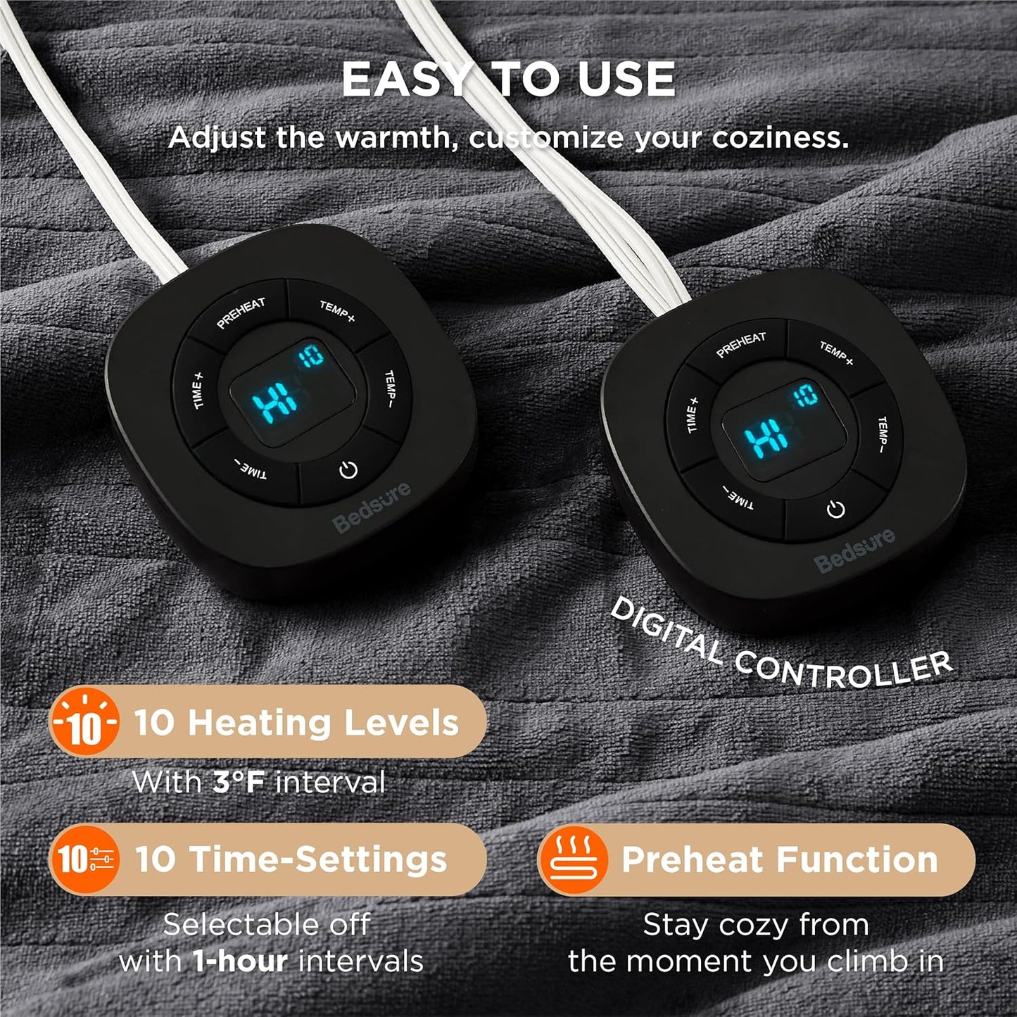 Bedsure Electric Blanket King Size - Dual Control Heated Blanket King Size, Fast Heating with 10 Time Settings & 10 Heat Settings, Warm Gift for Grandma (100x90 inches, Dark Grey)