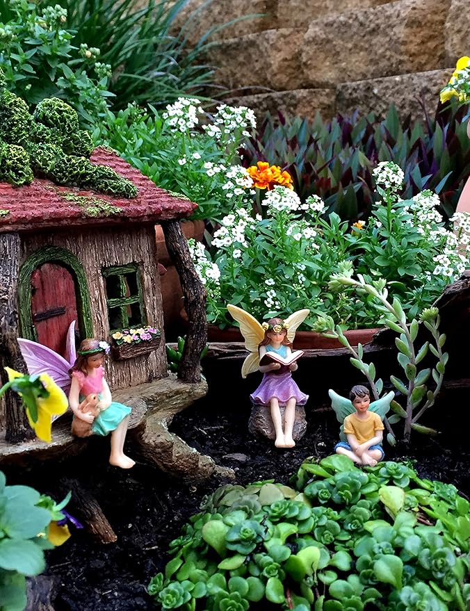 PRETMANNS Fairy House Kit - Fairy Garden Accessories for Outdoor Miniature Village Decor, with Three Fairies - House, 9’ High & Door can Open Wide - 4 Piece Supplies