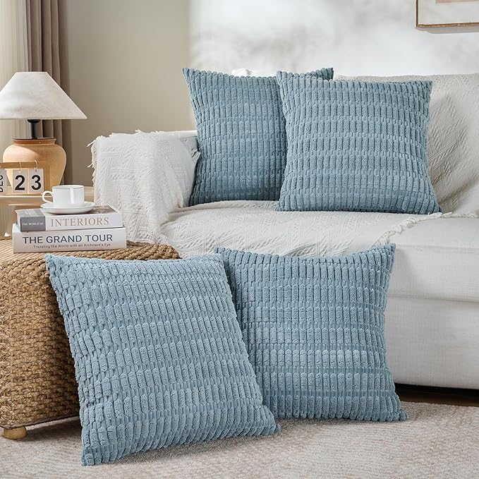 Fancy Homi 2 Packs Boho Light Blue Decorative Throw Pillow Covers 18x18 Inch for Couch Bed Sofa, Rustic Modern Farmhouse Home Decor, Soft Plush Corduroy Cute Square Cushion Case 45x45 cm